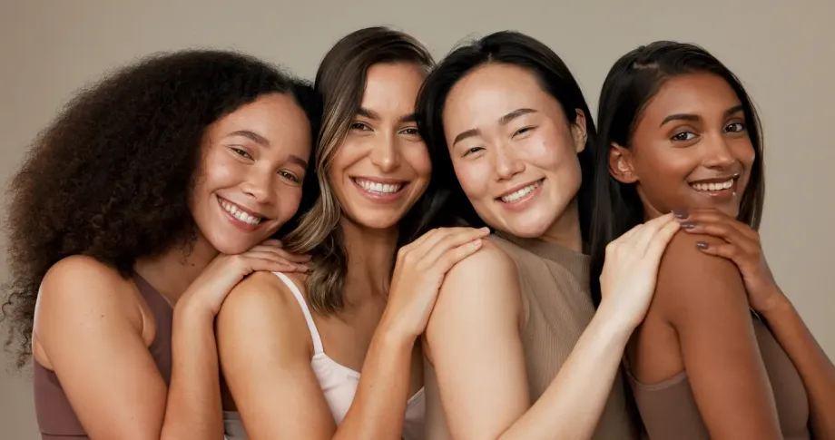 Four women smiling, looking at the camera, standing close with their hands on each others shoulders.